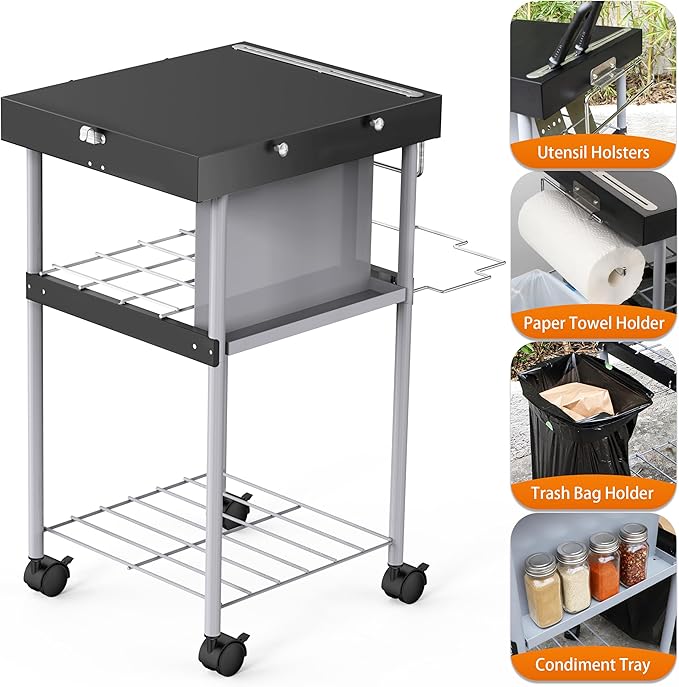 Grill Table Cart for Weber 22 inch Kettle 18in Charcoal Camping Carts for Blackstone 17 inch Griddle Accessories Outdoor Grillling Side Tables Freestanding Barbecue Shelves with Wheels Storage