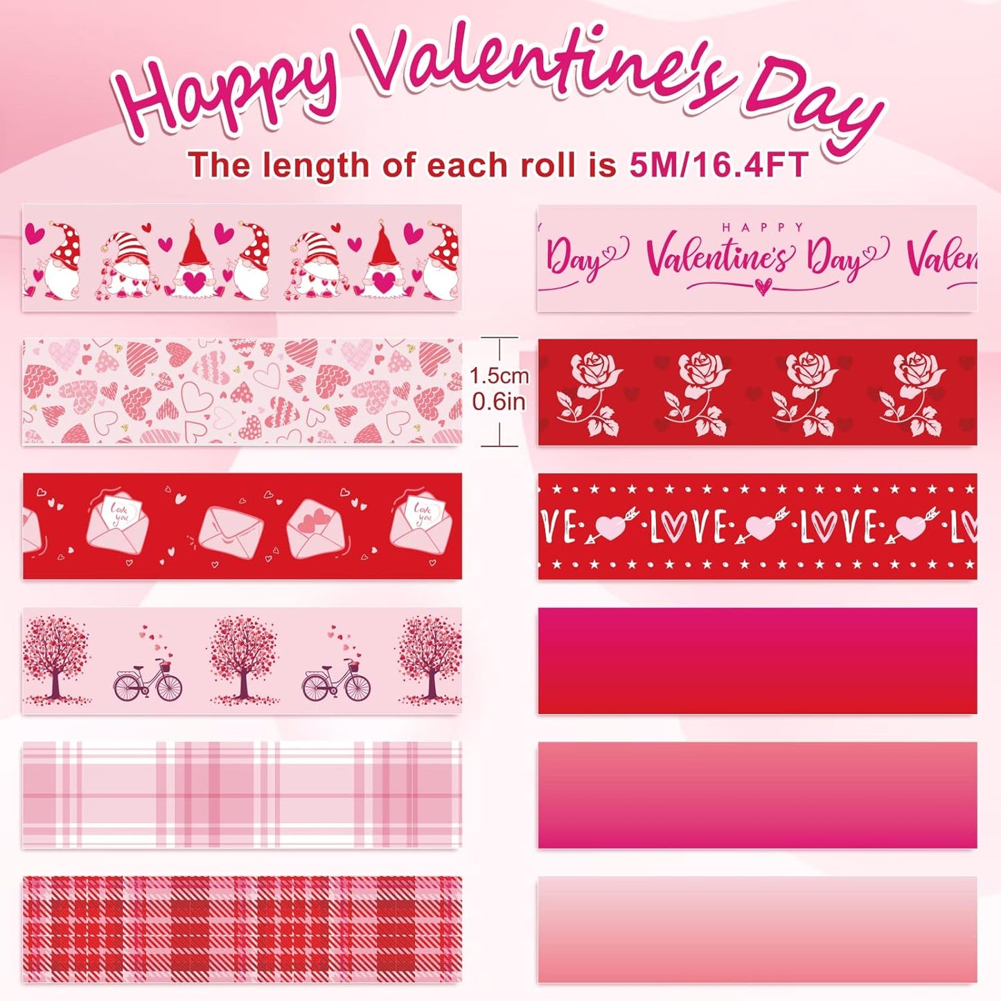 Whaline 12 Rolls Valentine Washi Tape Red Pink Heart Gnome Love Masking Tape for Wedding Scrapbook DIY Craft Gift Wrapping, 0.6" x 16.4ft