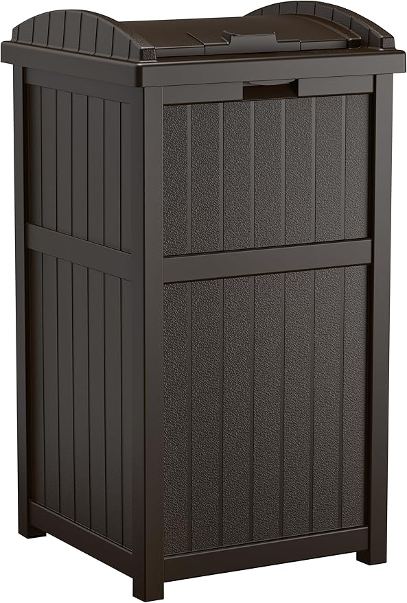 Suncast 33 Gallon Durable Plastic Hideaway Outdoor Garbage Can with Secure Lid and Wicker Design for Home Backyards, Decks, or Patios, Java Brown