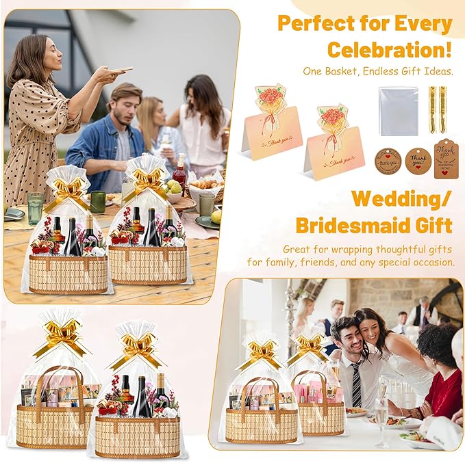 Leevcok 2 Set Baskets for Gifts Empty, Large Bamboo Gift Basket with Handle, Foldable Reusable Decorative Woven Basket for Christmas, Baby Shower, Mother's Day, Housewarming, Wedding