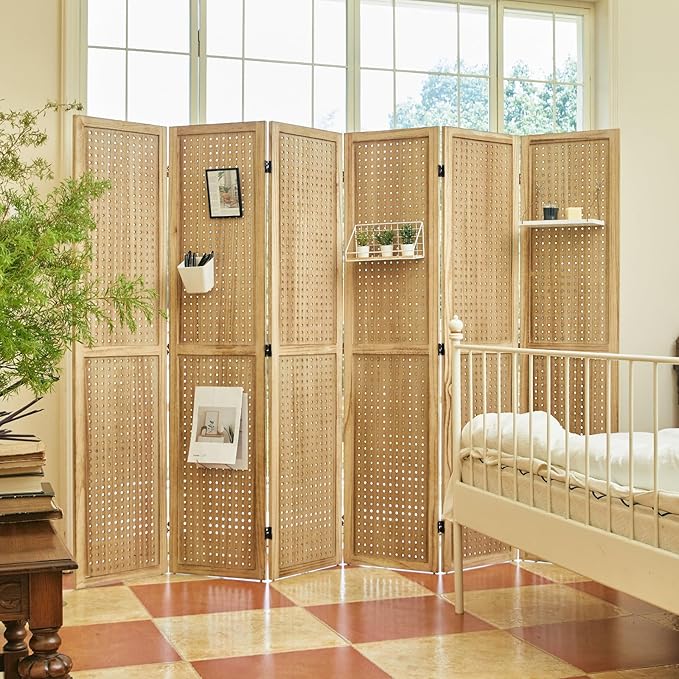 Pegboard Display, 5.6Ft Portable Freestanding Wall Organizer Wooden Room Divider Folding Privacy Screens for Craft Art Display Board (6panels, Natural)