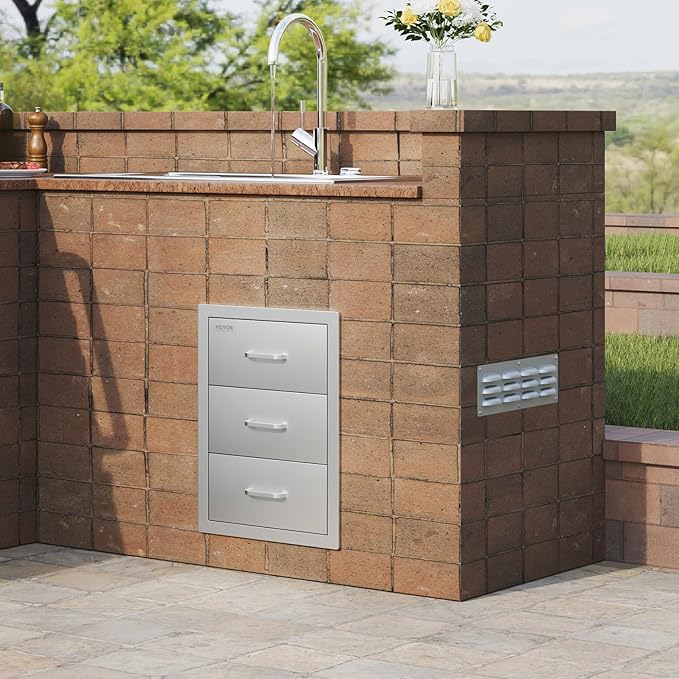 VEVOR Outdoor Kitchen Drawer Cabinets 16" W x 21.5" H x 18" D, BBQ Drawer Stainless Steel, Flush Mount Triple Access, with Handle, BBQ Island, Outdoor Grill Patio Grill Station