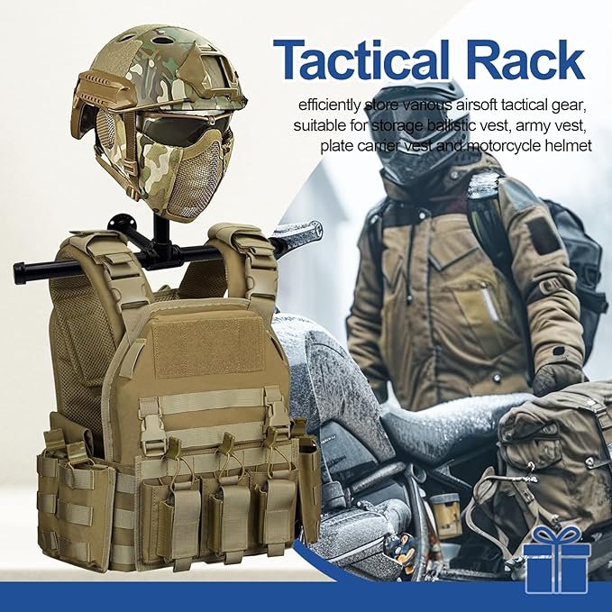 Wall Mount Vest Hanger Tactical Gear with Helmet Display Stand, Heavy Duty Police Gear Rack, Airsoft Plate Carrier Accessories, Samurai Armor Holder, Motorcycle Gear Storage