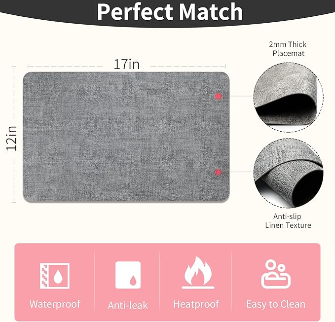 Maxpearl Faux Leather Placemats Set of 4 - Waterproof - Wipe Clean - Heat Resistant - Anti Slip Dining Table Place Mats, Suitable for Indoor & Outdoor Use, 17’’×12’’, Grey