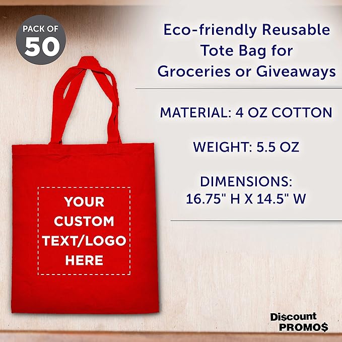 DISCOUNT PROMOS Custom Cotton Canvas Tote Bags Set of 50, Personalized Bulk Pack - Reusable, Great for Shopping, Grocery, Beach, Picnic, Wedding Favors - Red