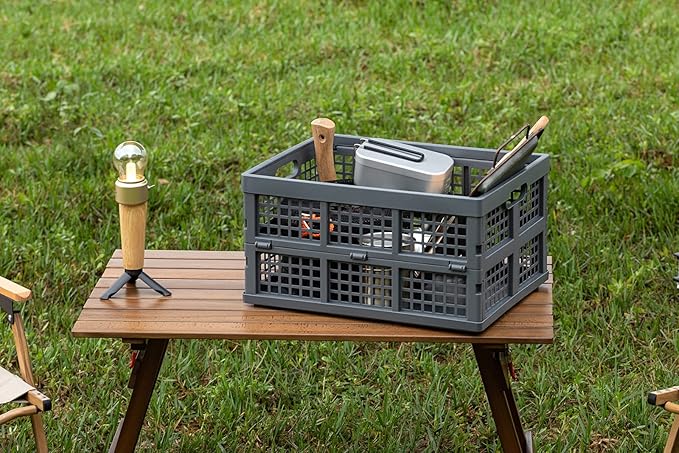 34L Large Plastic Folding Storage Crates,Collapsible Crates for Storage,Pack of 3 (Grey)
