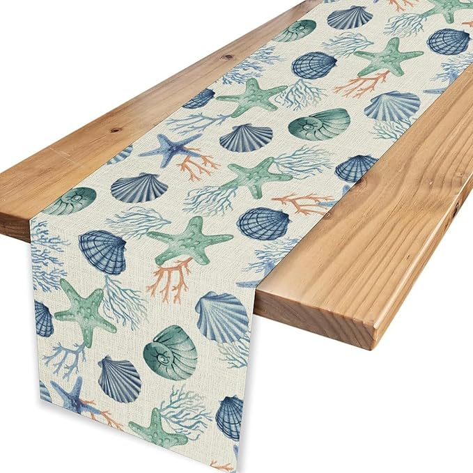 Nautical Table Runner, Summer Sea Coastal Starfish Seashells Coral Tropical Ocean Beach Blue Farmhouse Coffee Table Center Decor for Home Kitchen Dining Patio Indoor Outdoor Table Decorations, 13"x36"