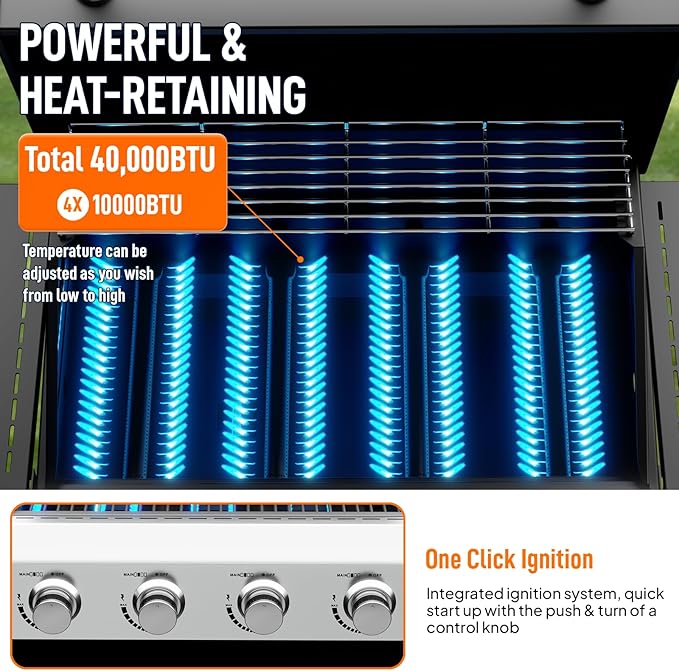 ROVSUN 4-Burner Propane Gas BBQ Grill with Foldable Side Tables & Enameled Cast Iron Grates, 40,000 BTU Barbecue Grill with Portable Wheels for Outdoor Patio Backyard Cooking Grilling, Black