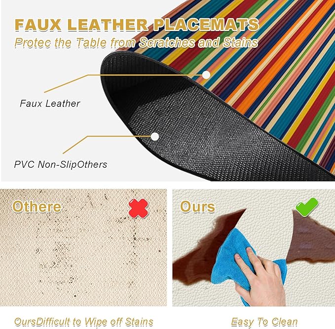 Faux Leather Placemats Set of 4 - Color Stripe Resistant Placemats for Dinner Table, Non-Slip Waterproof Oil-Proof Washable Reusable Placemat for Indoor Outdoor Kitchen Decor, 15.75In*11.81In