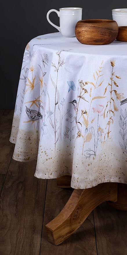 Maison d' Hermine Table Cloth Round Table 100% Cotton 63 Inches Tablecloth Reusable Decorative for Dining Room, Farmhouse, Home, Party, Festive & Wedding Spring Summer - Meadow Florals - Beige
