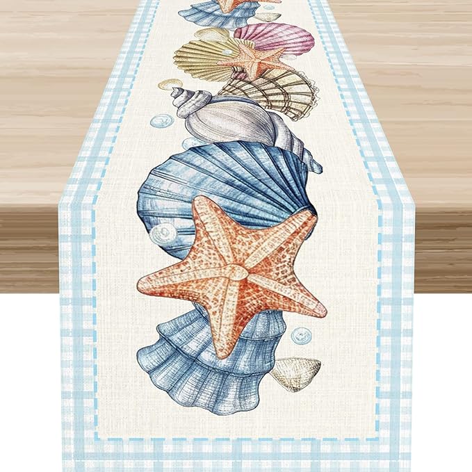 Summer Starfish Table Runner, Blue Check Sea Coastal Seashell Beach Nautical Starfish Ocean Table Runner Seasonal Holiday Home Kitchen Dining Table for Home Party Decor 13"x36"