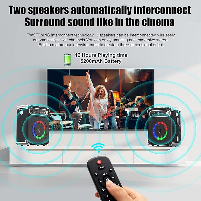 JYX Karaoke Machine with Two Wireless Microphones, Portable Bluetooth Speaker with Bass/Treble Adjustment, PA System with Remote Control, LED Lights,Supports TF Card/USB, AUX IN, FM, REC,TWS for Party