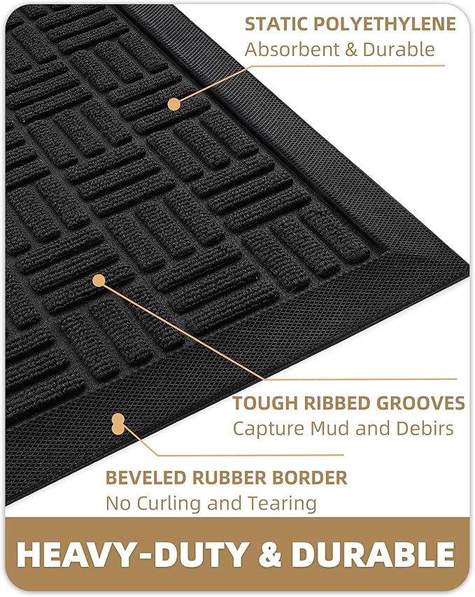 Color&Geometry Front Door Mat Outside Entrance, Heavy Duty Non Slip Low Profile Doormat for Entryway, Trap Dirt and Moisture Welcome Mats All-Weather, Easy Clean, Patio, Garage, 24"x48" Black