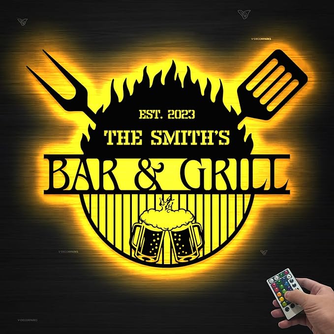 Custom Bar LED Sign - Personalized BBQ Sign, Beer Metal Wall Art, 16-Color LED with Remote Control, Light Up Grill Decor for Patio, Home Bar, Backyard BBQ Decorations