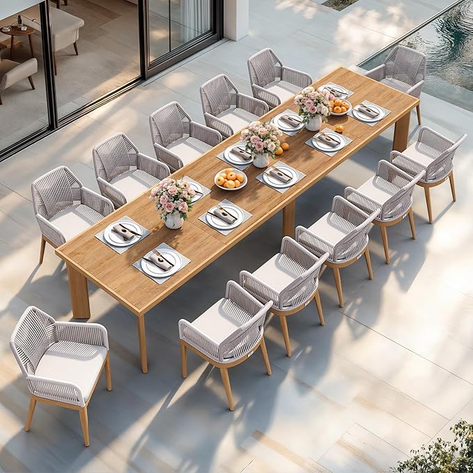 PURPLE LEAF 13 Pieces Patio Dining Set Aluminum Modern Rectangular Table and Rattan Arm Chairs with Cushions for Kitchen Porch Garden Outdoor Furniture Sets, Teak