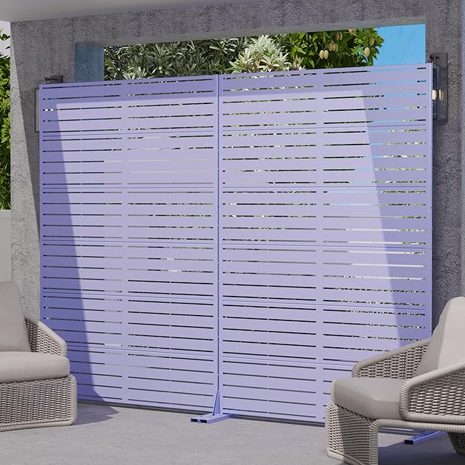 Casaphoria Metal Privacy Screen Outdoor, 72" H x 47" W Freestanding Decorative Privacy Screen for Patio Deck Balcony Garden with Stable Base, Purple-Louvered