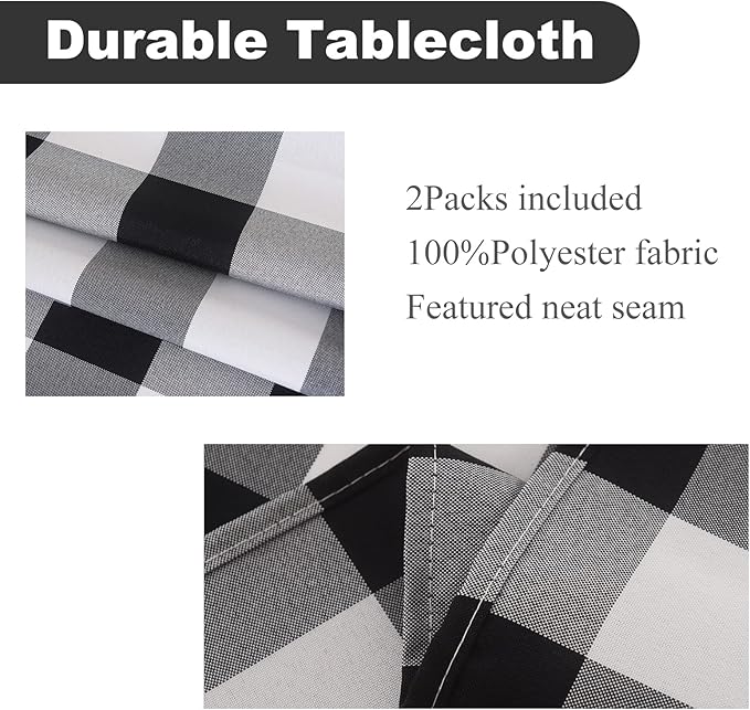Cupuamon 2 Pack Waterproof Polyester Fabic Round Checkered Tablecloth，60 Outdoor Table Cloth，Oil Stain Prevention Table Cloth for Pinics and Parties（Black and White）