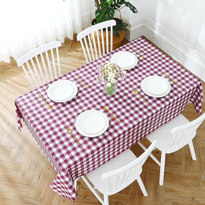 Romanstile Rectangle Vinyl Tablecloth, 100% Waterproof Buffalo Gingham Plastic Table Cloth, Heavy Duty Wipeable Checkered Table Covers for Outdoor, Camping, Picnic, Patio - 60 x 120, Burgundy