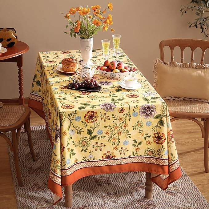 Vintage Linen Tablecloth for Square Table,Yellow Floral French Wrinkle Free Tablecloths,Decorative Table Cover for Kitchen,Dining,Thanksgiving,Party,Farmhouse,67" × 67"-Bellano