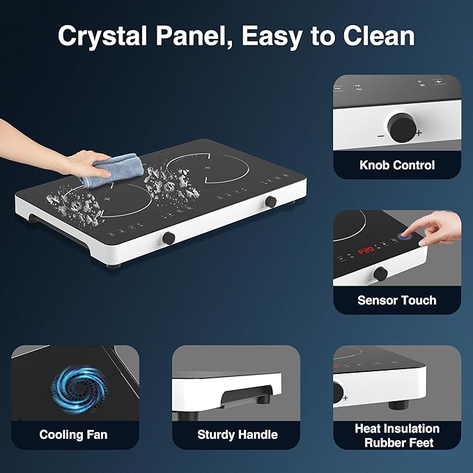 Double Induction Cooktop, 2 Burner Induction Burner 20 Temperature & Power Levels Portable Electric Stove Countertop Burners, Knob Control, Child Safety Lock & 4H Timer, Auto Shut-Off