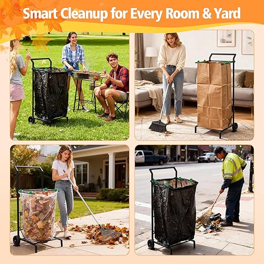 Foldable Leaf Bag Holder, Mobile Trash Bag Holder Stand with Removable Arms and Dual Fixing Design, Adjustable 30-45 Gallon Portable Lawn Bag Cart for Yard Cleanup, Gardening, Leaves, Camping, Parties