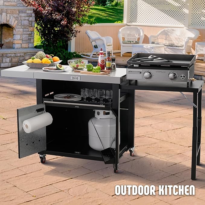 Grill Table,Outdoor Kitchen with Cabinet Outdoor Grill Table with 2 Foldable Side Tables Stainless Steel Top for Outdoor Kitchen Cabinets, Bar Cart, Movable Grill Cart with Pull-Out Plate, L74”x W24”