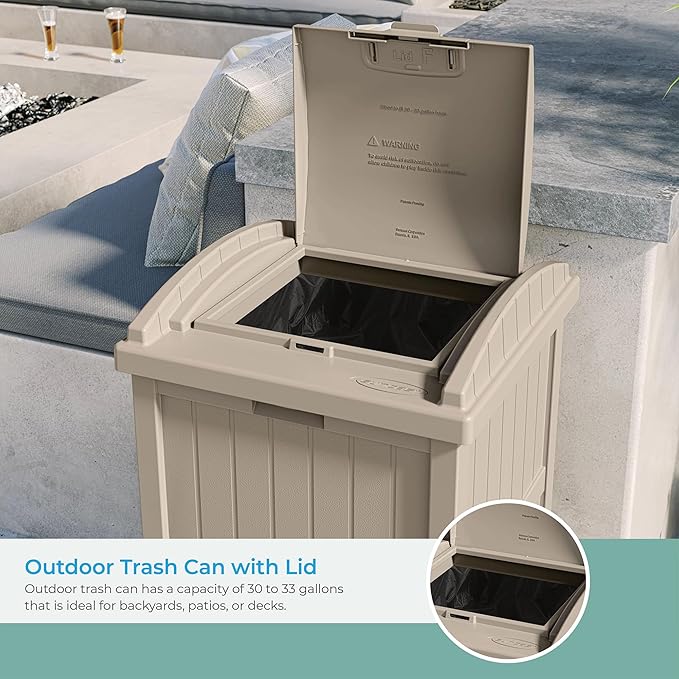 Suncast Hideaway Outdoor Trash Can with Lid - 30 Gallon Trash Can, Light Taupe, Decorative Wicker-Style Garbage Bin, Weather-Resistant Resin Fits 30-33 Gallon Bags, Ideal for Patio & Yard, Made in USA