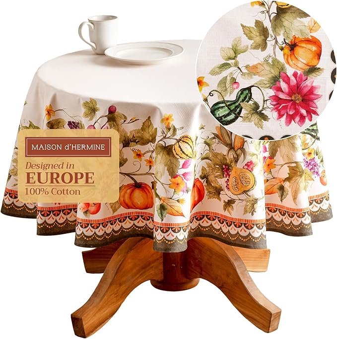 Maison d' Hermine Table Cloth Round Table 100% Cotton 63 Inches Fall Tablecloth Reusable Everyday Use for Thanksgiving Christmas Decorations Dining Farmhouse Party (Pumpkin Garden - Cloudy Cream)