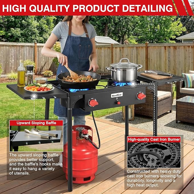 Bestfire 2 burner Camping Stove with Auto Ignition Button,Side Shelves & Regulator150,000 BTU Gas Stove Propane Burner With Removable Legs for Outdoor BBQ&Backyard Cooking Camping Home
