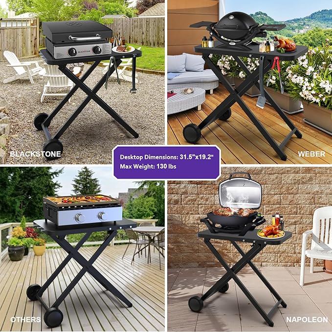 Portable Grill Table, Outdoor Prep Table with 2 Wheels, Pizza Oven Cart for Ninja Woodfire/XL Pro, Weber Q, Blackstone, Napoleon,Ooni Table Top Grill, Folding Grill Cart for Camping, RV