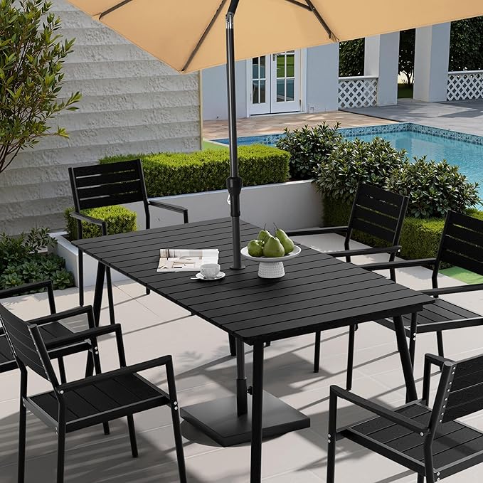70" Patio Outdoor Dining Table for 6, Weather-Resistant Aluminum Frame with Wood-Grain Top & Umbrella Hole for Deck Gatherings, Black