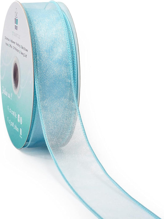 CT CRAFT LLC Sheer Organza Wired Ribbon 1.5" x 50Yards Blue for Wedding Chair Bow Flora Bouquet Gift Wrapping Christmas Tree Home Decor Wreath