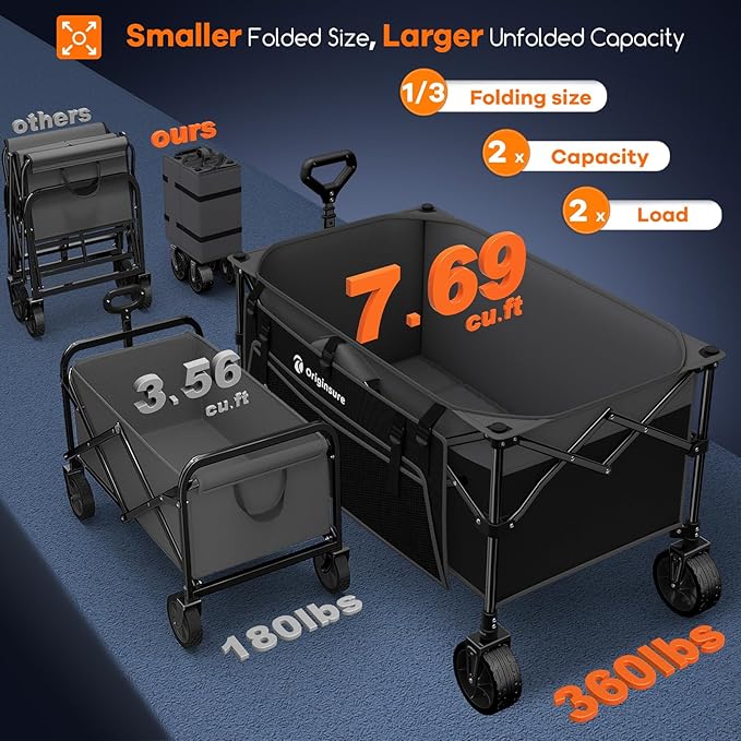 220L Collapsible Wagon Cart Foldable, 38" L Extra Large Heavy Duty Folding Beach Wagons with All-Terrain Wheels, Utility Carts for Camping, Sports, Shopping, Groceries - Grey&Black