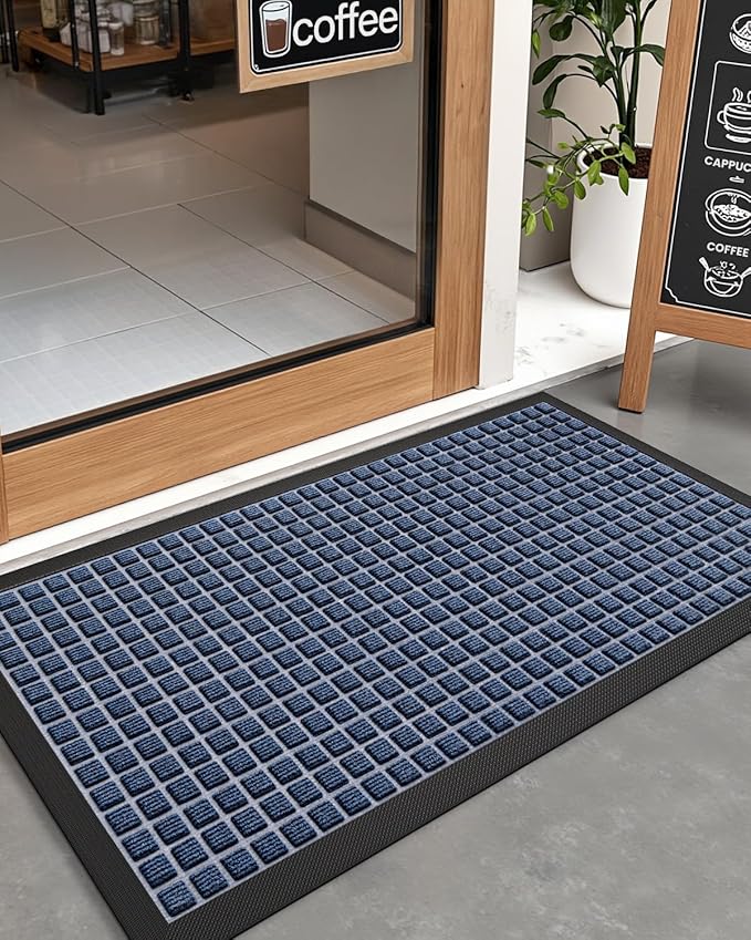 DEXI Front Door Mat Outside Entrance, 2x3 ft Rubber Entry Doormat Heavy Duty, Welcome Mats Non Slip for Inside House Floor Entryway Double Doors Exterior Patio, Checkered Blue