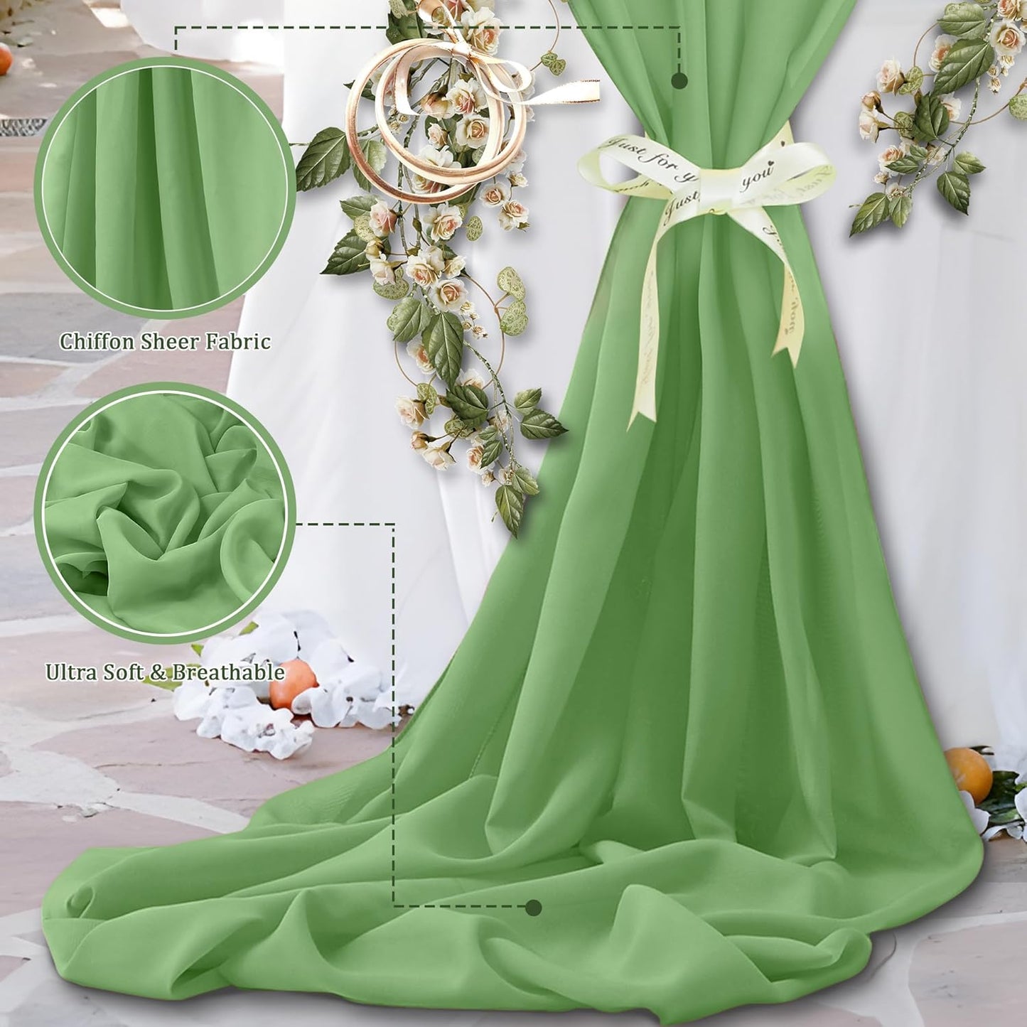 Horbaunal Dusty Sage Chiffon Fabric by The Yard, 10 Yard Continuous Sheer Fabric 59" Wide Soft Draping Fabric for Wedding Arch Draping Party Backdrop DIY Sewing