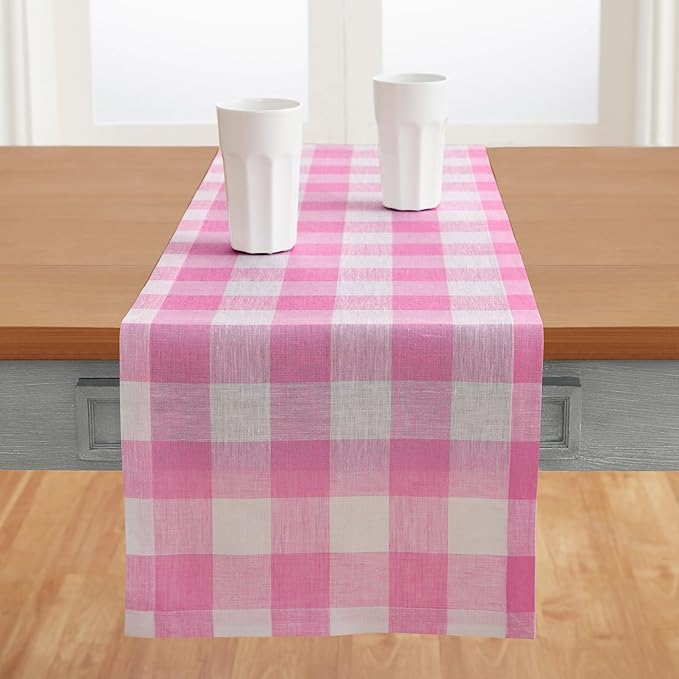 Solino Home Linen Checkered Table Runners 72 Inches Long - 100% Pure Linen Pink Begonia Buffalo Check Table Runner 14 x 72 Inch Ideal for Dresser, Dining, Valentines, Spring, Easter