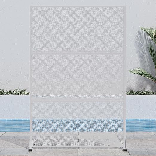 Casaphoria Metal Privacy Screen Outdoor, 72" H x 47" W Freestanding Decorative Privacy Screen for Patio Deck Balcony Garden with Stable Base, White-Jason