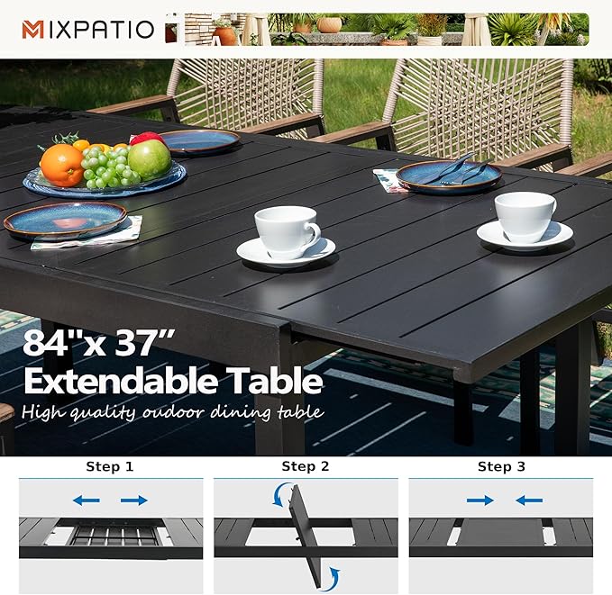 7 Pieces Outdoor Dining Set for 6, Patio Dining Set Wicker Rattan Chairs with Soft Cushion and Extendable Rectangular Table, Wicker Patio Table and Chairs for Backyard Porch
