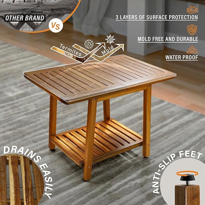 ENKEZI Acacia 24 Inches Outdoor Side Table, 2-Tier Sturdy Patio, End Table Weather Resistant, Strong Stability Side Table for Patio, Pool, Porch, Teak Finish (Acacia Brown)