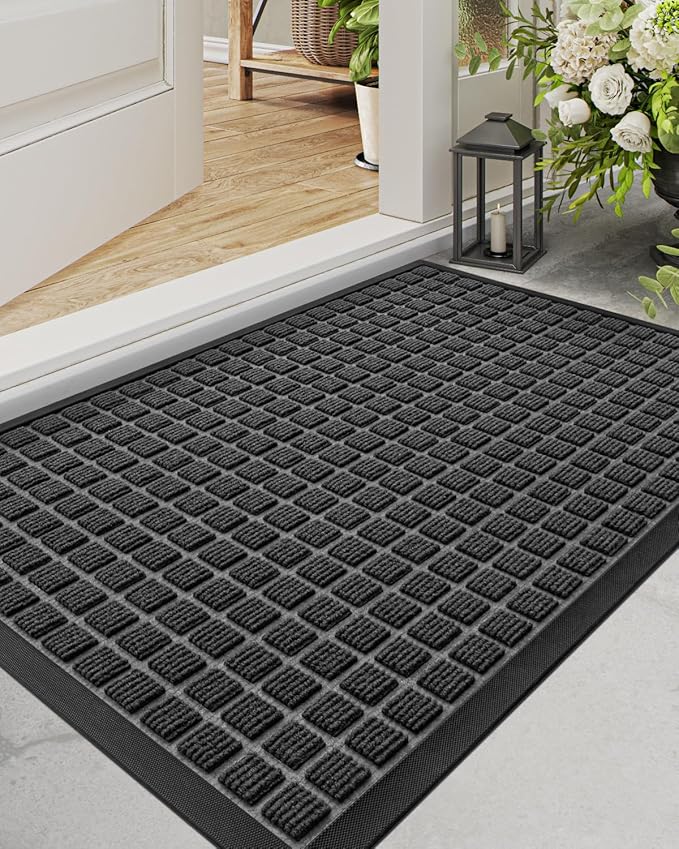 DEXI Front Door Mat Outside Entrance, 2x3 ft Rubber Entry Doormat Heavy Duty, Welcome Mats Non Slip for Inside House Floor Entryway Double Doors Exterior Patio, Checkered Black