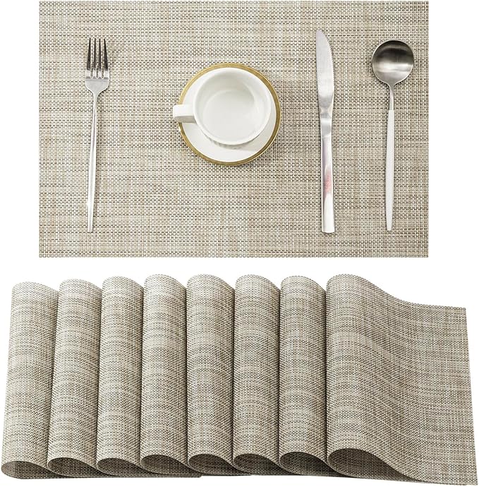 Leetaltree Linen Yellow Placemats Set of 8 - Heat Resistant Non-Slip Place mats for Dining Table, Washable Durable PVC Vinyl Woven Table Mats（Linen Yellow, 8）
