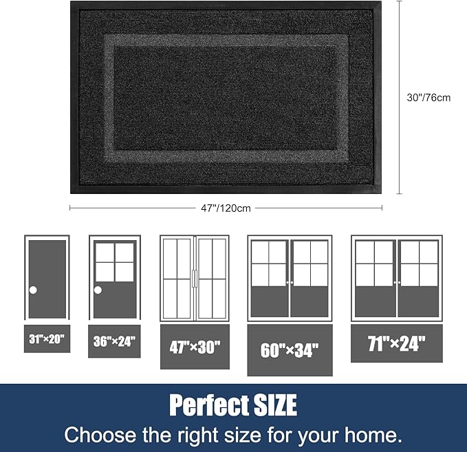 Large Front Door Mat Outside Entrance Indoor Doormat, 47" x 30" Outdoor Mats For Patio Waterproof, Outdoor Door Mats For Outside Entry, Indoor Rugs for Entryway, Sturdy Natural Rubber Entry Mat, Black