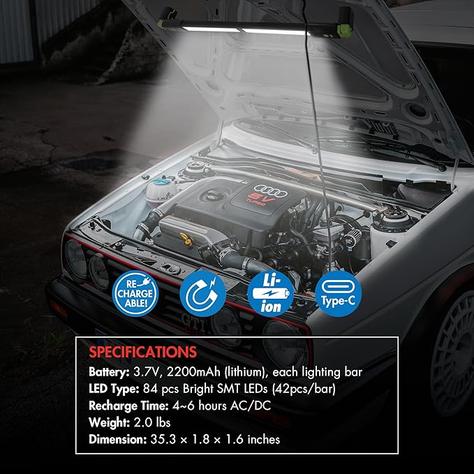 Wagan EL4346 Detachable LED 1200 LM Rechargeable Work Light Portable Mechanic Light Bar with Magnetic and Hooks Cordless Underhood Bright Work Lamp for Car Repairing Garage Workshop