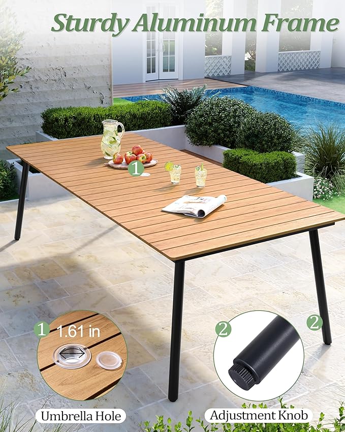 95" Patio Outdoor Dining Table for 8-10, Weather-Resistant Wood-Grain Top with Aluminum Frame & Umbrella Hole for Deck Gatherings, Brown