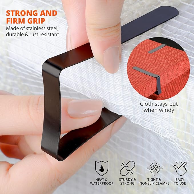 Tablecloth Clips Black - 12 Pack Stainless Steel, Rust Proof & Non-Slippery Table Cloth Holding Clip - Perfect for Restaurants, Picnic, Party, Outdoor Dining - Fits Up to 1.8 Inch Thick Table
