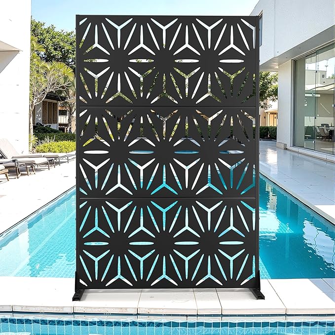 Metal Privacy Screen for Outdoor & Indoor Use, Free Standing Privacy Screen for Patio Garden Pool, 72" H x 47" W Decoative Privacy Panels, Weather Resistant, Easy Assembly (Black Star)