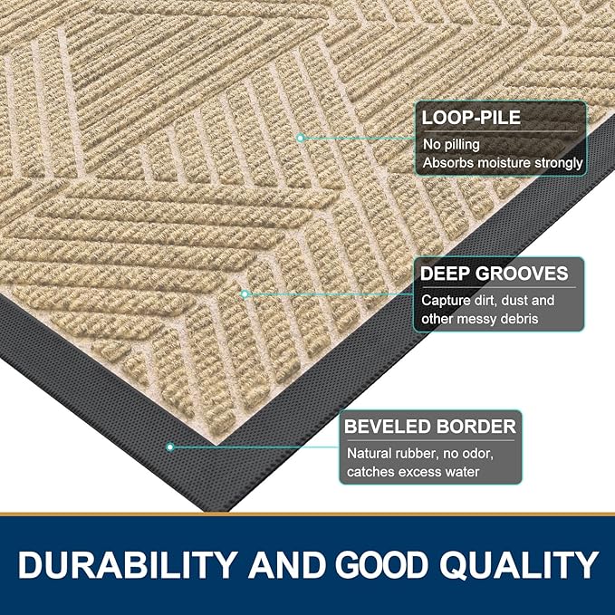 Smiry Front Door Mat Outside Entrance, Heavy Duty Sturdy Natural Rubber Doormat, Trap Dirt and Moisture, Easy Clean Low Profile Mats for Indoor Outdoor Entry, Irregular Triangle (36x24, Cream White)