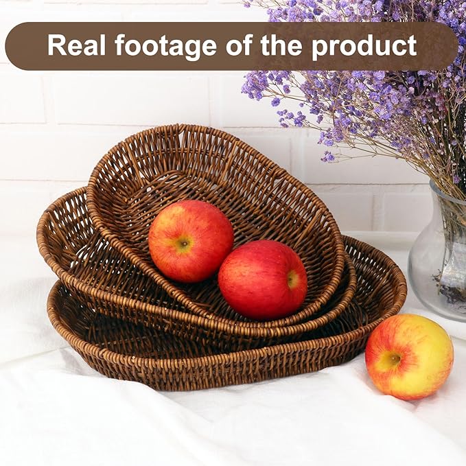 3 PCS Handwoven Oval Wicker Baskets Set - 3 Size Versatile Bread, Fruit, and Cosmetic Wicker Baskets, Bread Baskets for Serving, Suitable for Kitchen Counter, Dining Table, and Decor