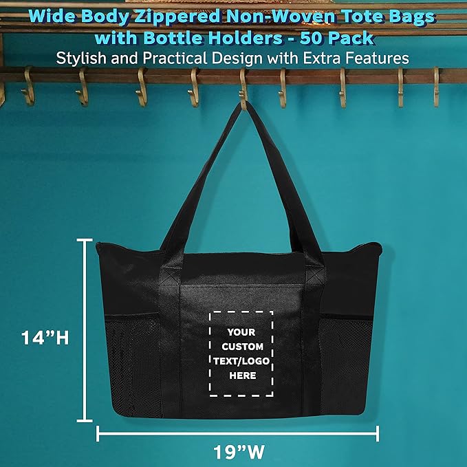 DISCOUNT PROMOS 50 Zippered Non-Woven Tote Bags Set - Customizable Text, Logo - Mesh Pocket, Zippered, Recyclable, Reusable - Black - 19"X14"X3", with Zipper
