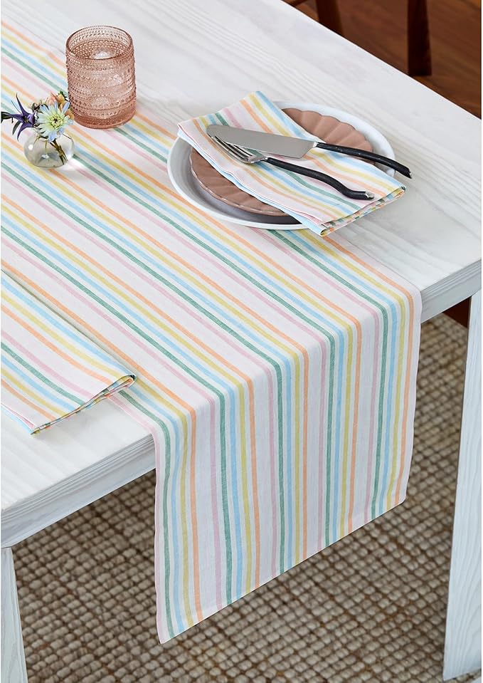 Solino Home Linen Table Runner 120 Inches Long - Julia, 100% Pure Linen Multicolor Muted Pastel Stripe Farmhouse Table Runner 14 x 120 Inch for Dining, Spring, Easter